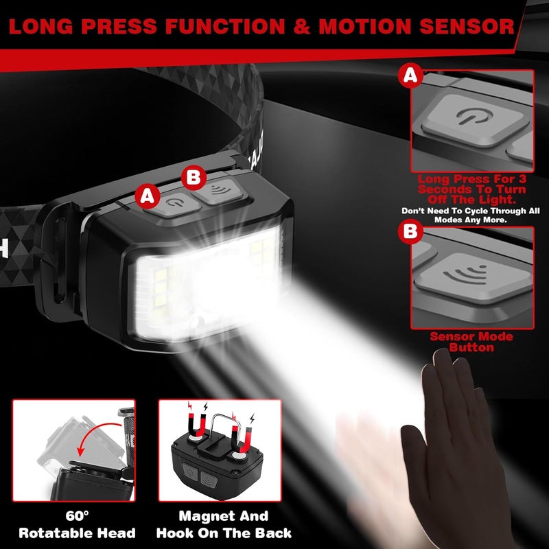 KIDECCE Store Headlamp Rechargeable,2 Pack 2000 Lumen Super Bright Led Headlamp,16 Modes Motion Sensor Head Lamp,Ipx6 Waterproof Lightweight Headlight,White Red Flashlight For Fishing Camping Hunting Essentials - Image 4